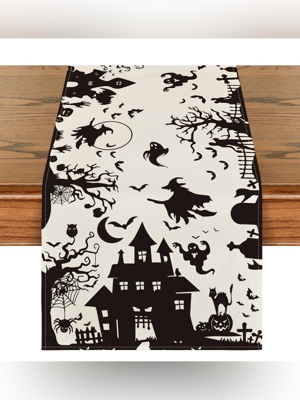 Halloween Table Runner Home Party Decor Black White Spooky Haunted House
